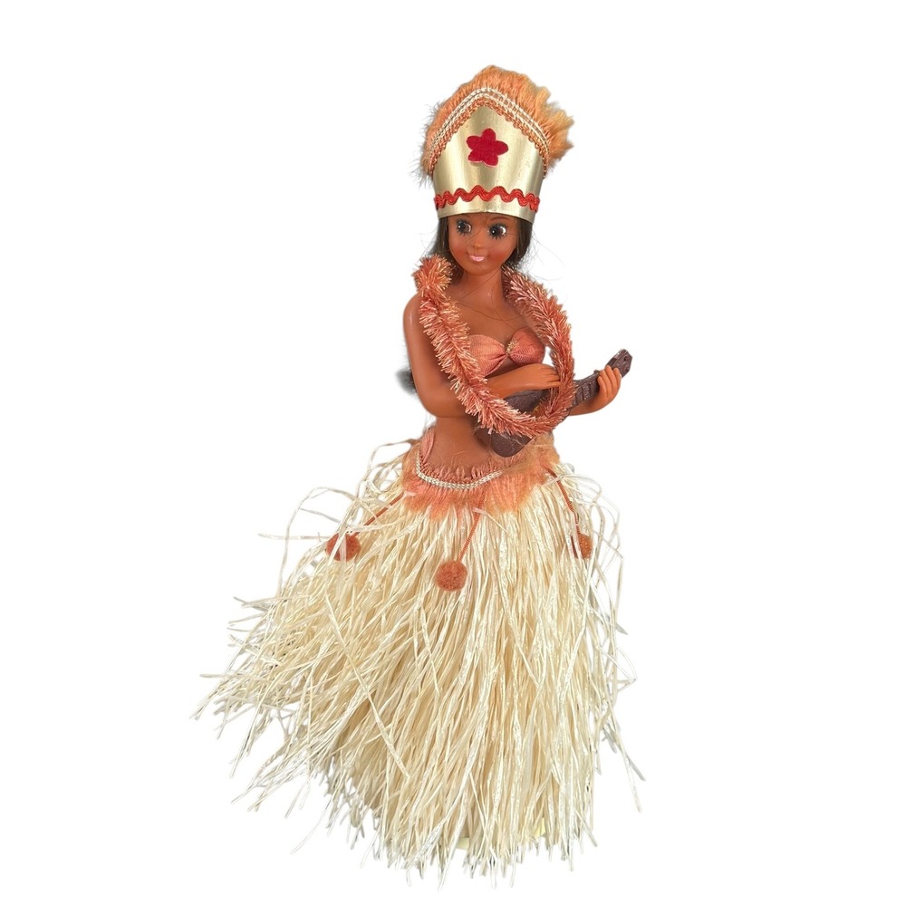 Vintage Hawaiian Hula Girl Music Box Doll Japan Wedding Song Ukulele Tiki 12"
